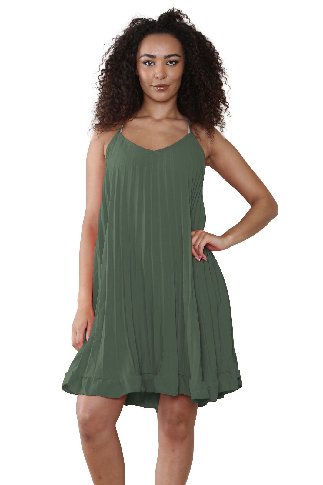 Women summer Dress Italian Pleated V Neck Cami Swing