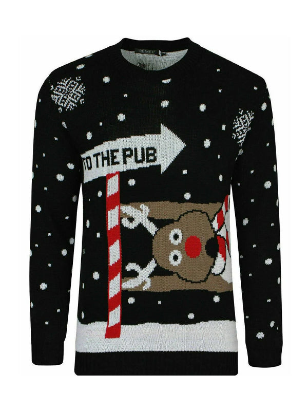 Ladies Christmas jumper with festive reindeer design and snowflakes, black background.