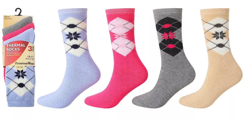 12 Pairs Of Ladies Design Thermal Socks, Thick Warm Winter Boot Socks, Size 4-7 UK