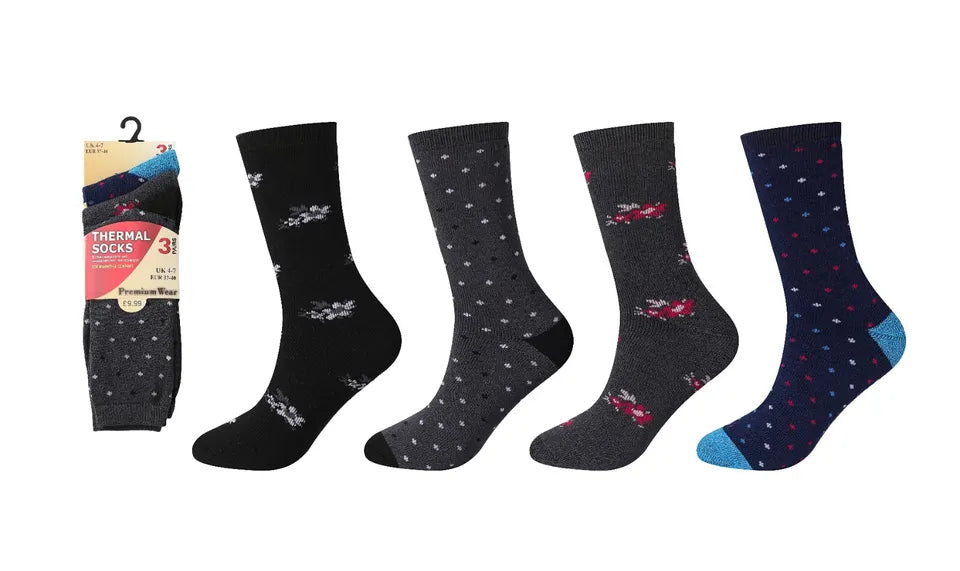 12 Pairs Of Ladies Design Thermal Socks, Thick Warm Winter Boot Socks, Size 4-7 UK