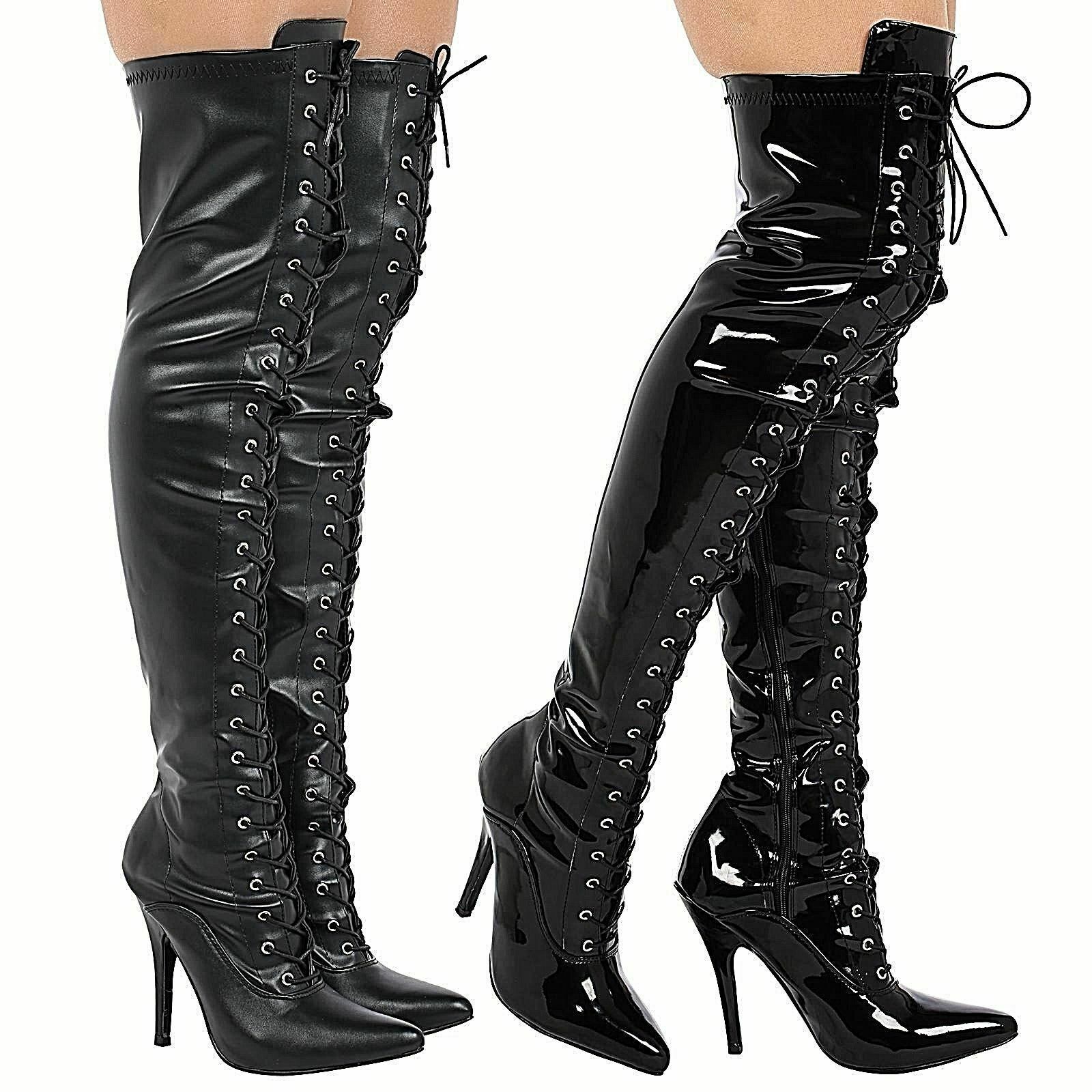 Girls Thigh High Boots Ladies Over The Knee Fetish Front Lace Heel Sizes 3-12