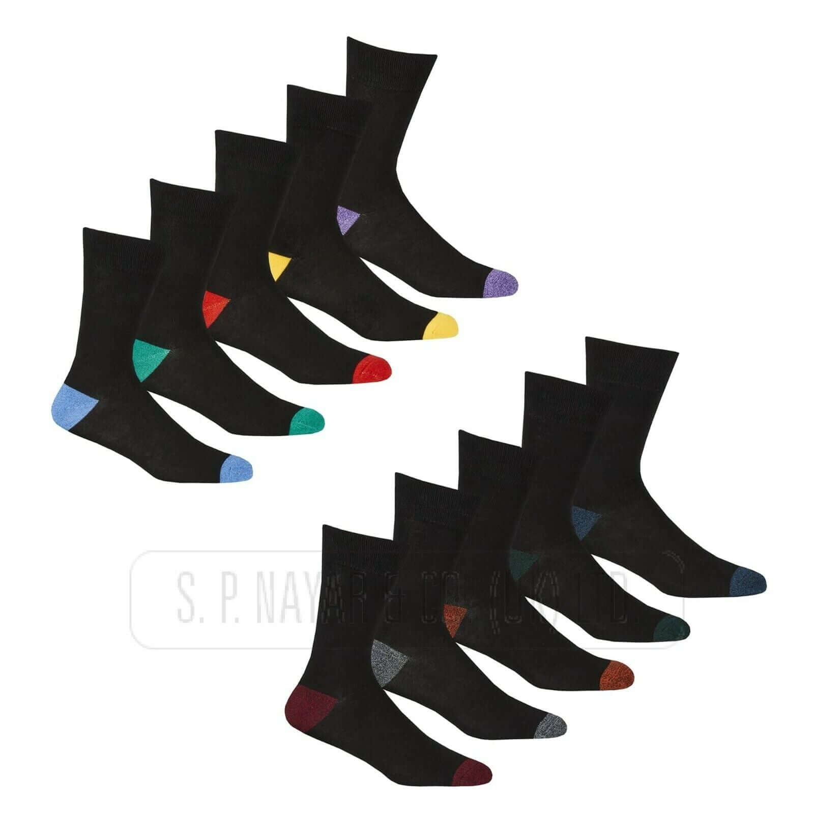5 Pairs Men's Black Contrast Cotton Ankle Socks Heel And Coloured Toe Socks