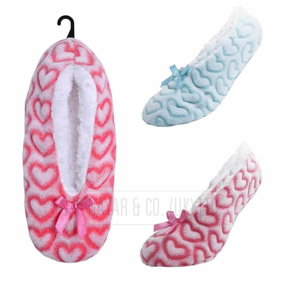 New  Ladies Girls Sherpa Heart Design Slipper Socks soft warm Gripper bed socks - Comfyfit ltd