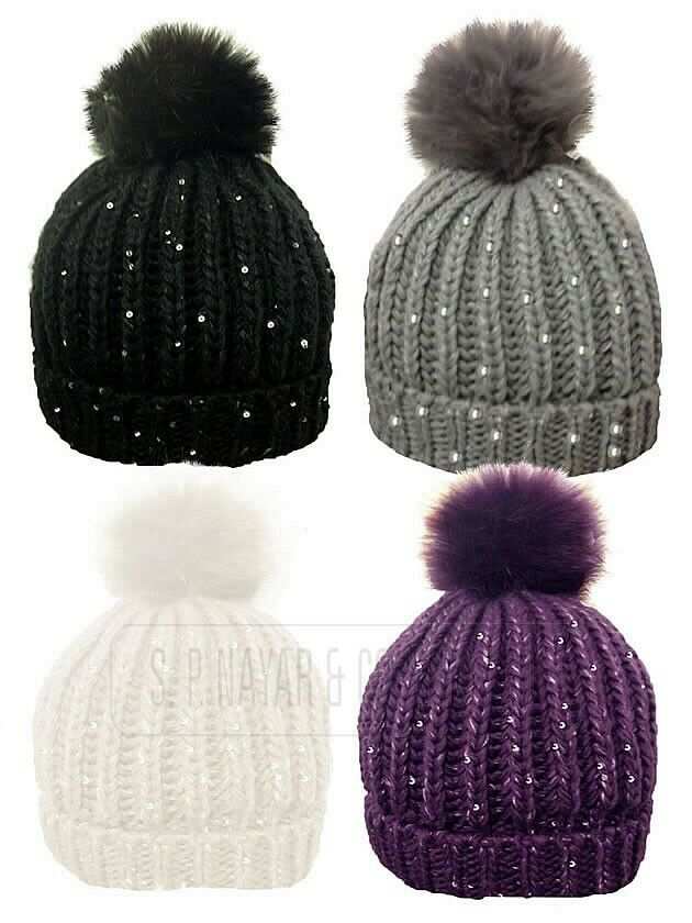 HATS FOR WOMEN RIBBED HAT WITH SEQUIN AND SOLID FAUX FUR BOBBLE WINTER HATS - Comfyfit ltd