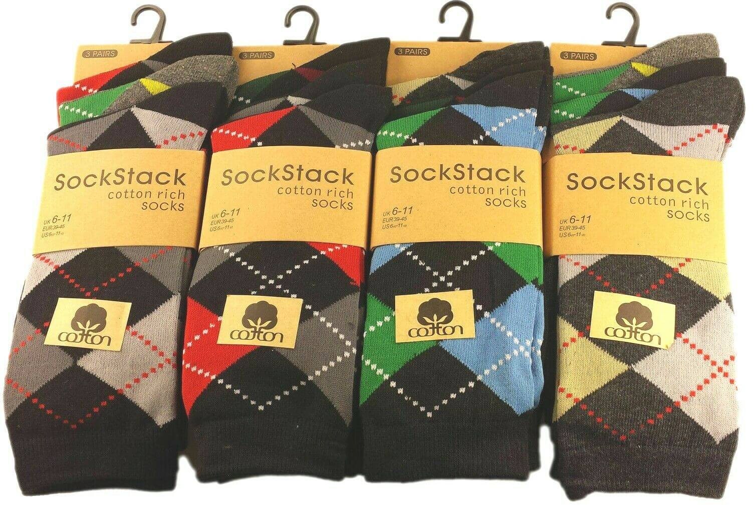 Luxury Socks 24 Pairs Mens Bright Argyle Diamond Cotton Rich Lycra Design Socks UK Size 6-11 - Comfyfit ltd