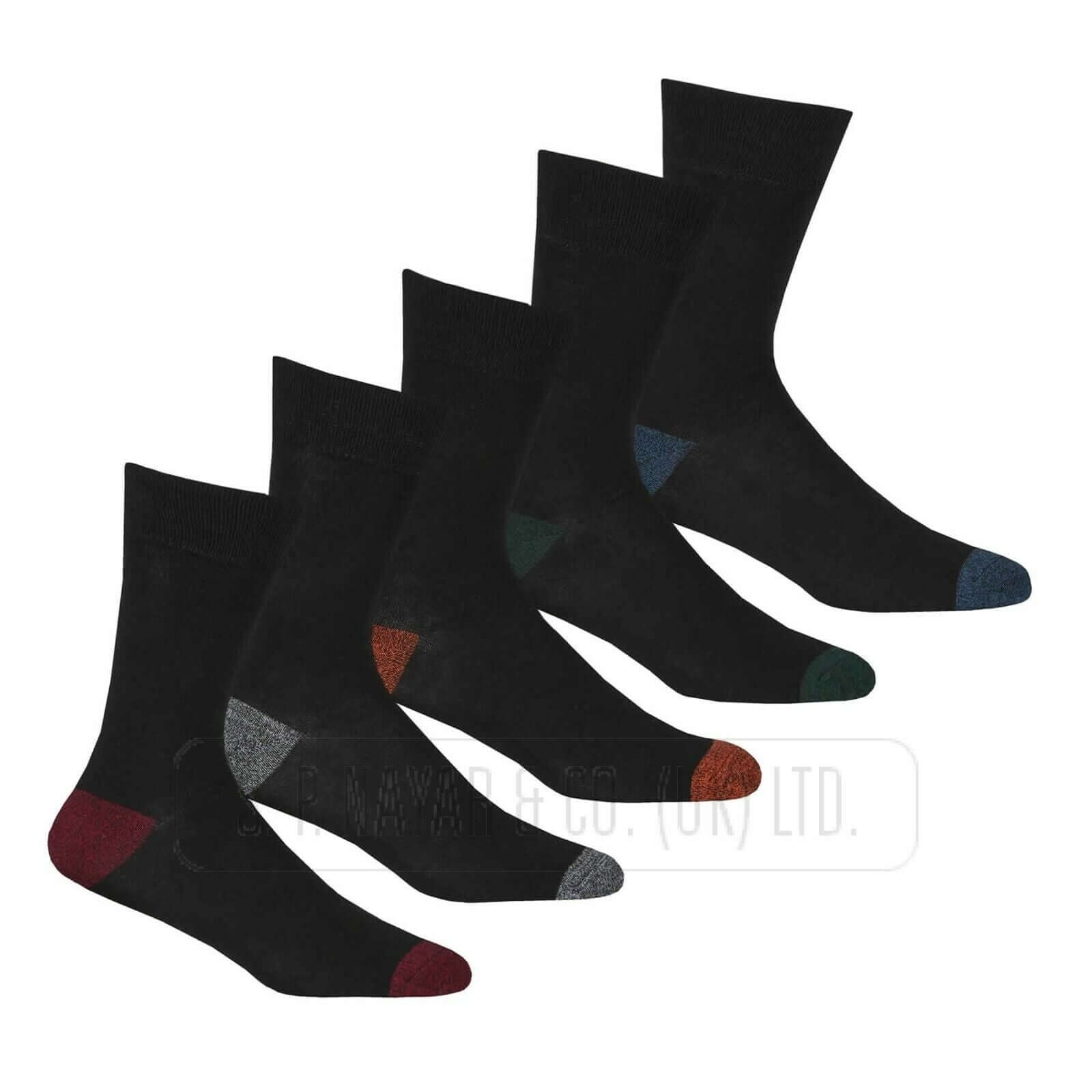 5 Pairs Men's Black Contrast Cotton Ankle Socks Heel And Coloured Toe Socks