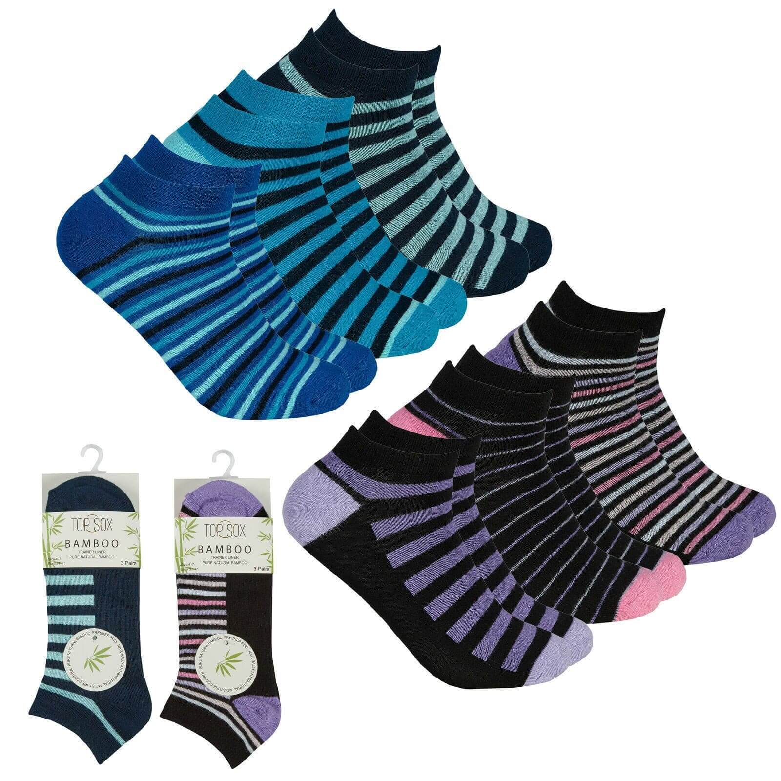 6 PAIRS LADIES BAMBOO TRAINER LINER STRIPE DESIGN SOCKS WOMEN TRAINERS SOCKS