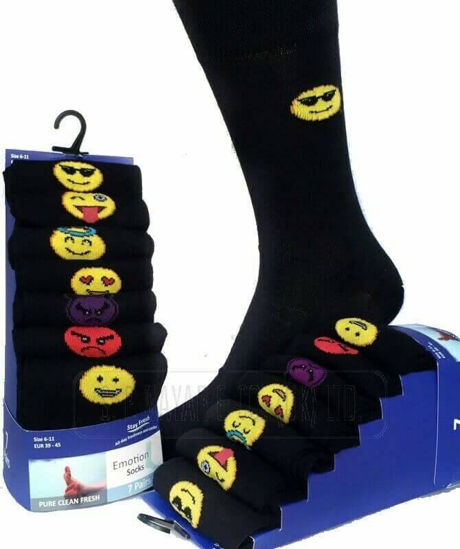 7 Pairs Mens Socks Days Week, Mood, Emoji Smiley Black Cotton Rich Suit Socks
