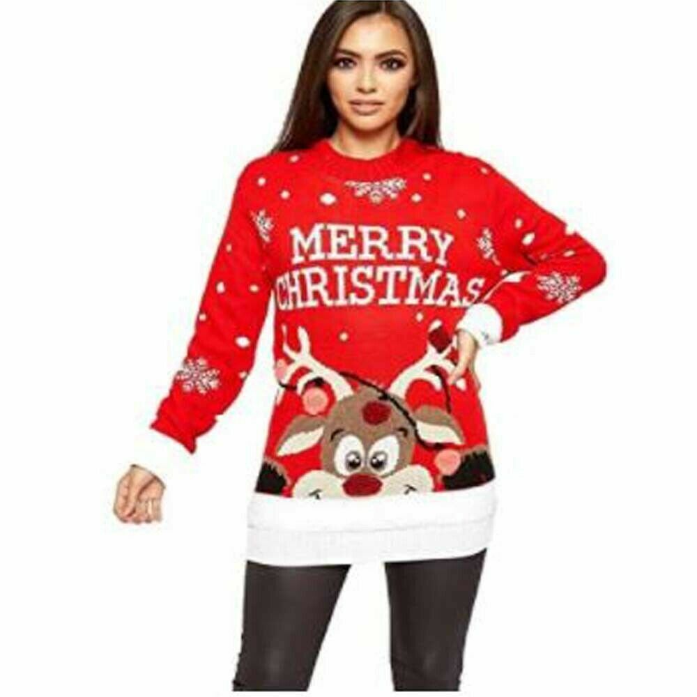 Women's Christmas Jumpers Knitted Multi Colour Pom Pom Novelty Reindeer Jumper