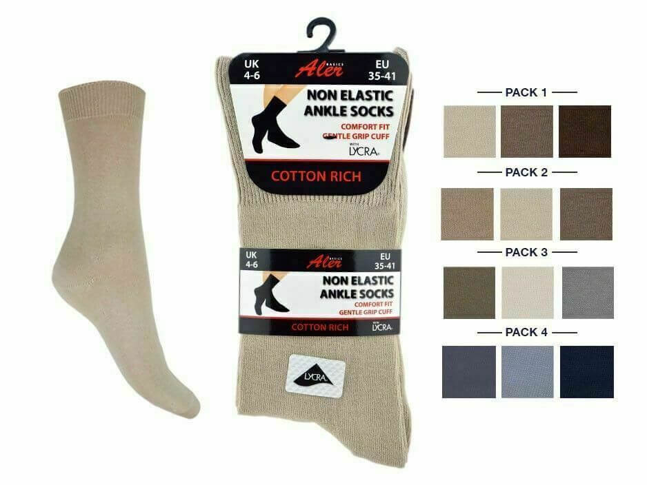 New 3 Pair Ladies Non Elastic Lycra® Cotton Rich Loose Wider Top Socks UK 4-6