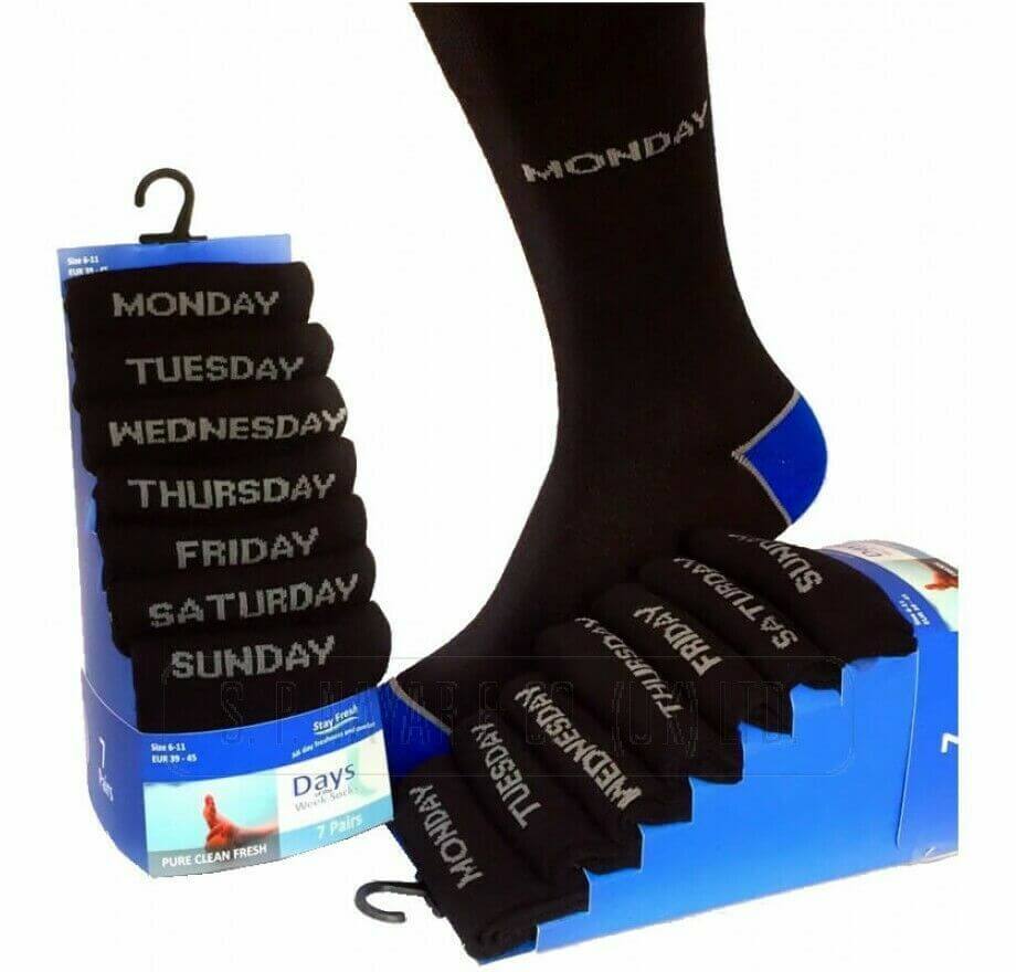 7 Pairs Mens Socks Days Week, Mood, Emoji Smiley Black Cotton Rich Suit Socks
