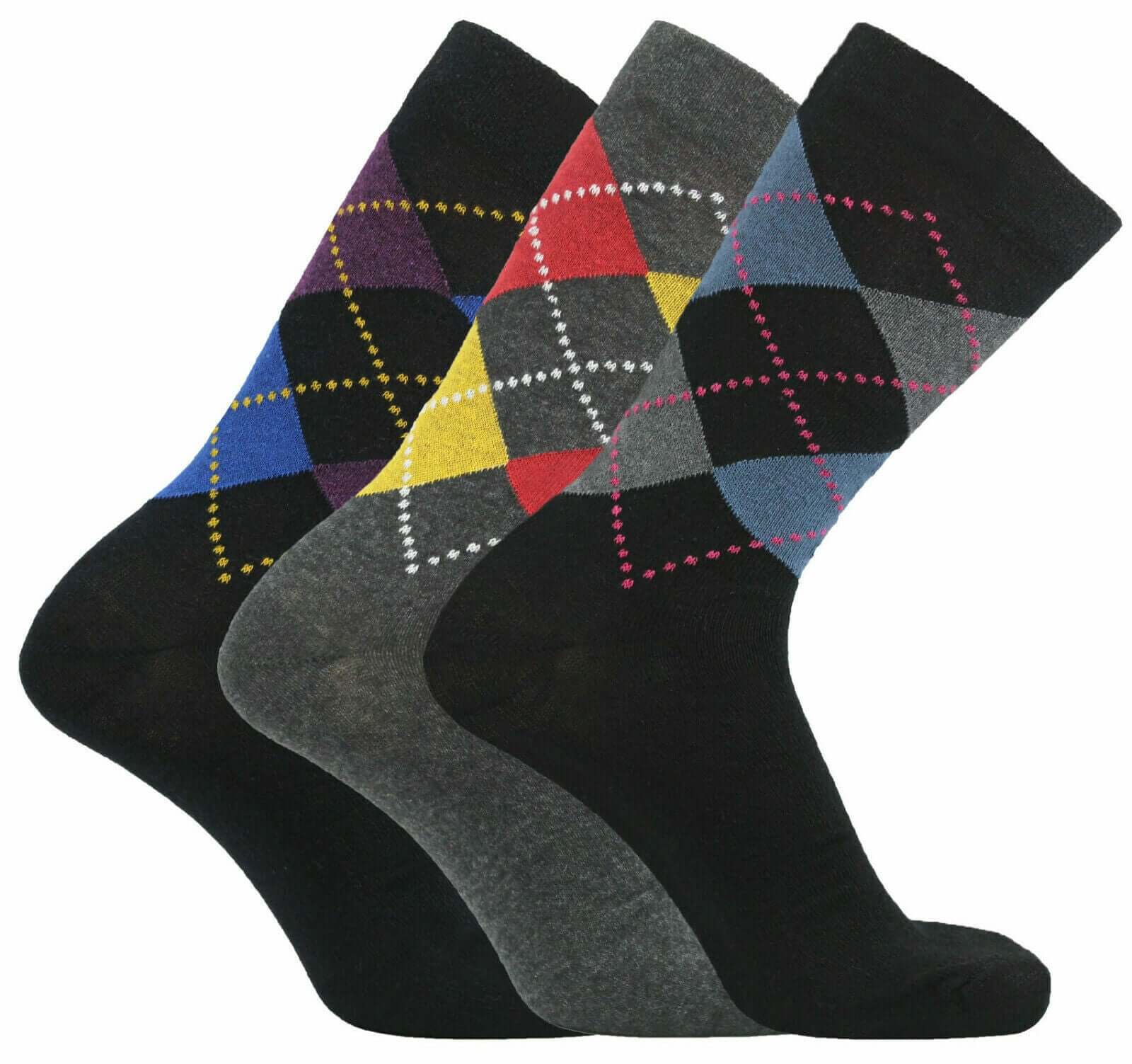 24 Pairs Mens Bright Argyle Diamond Cotton Rich Lycra Design Socks UK Size 6-11 - Comfyfit ltd