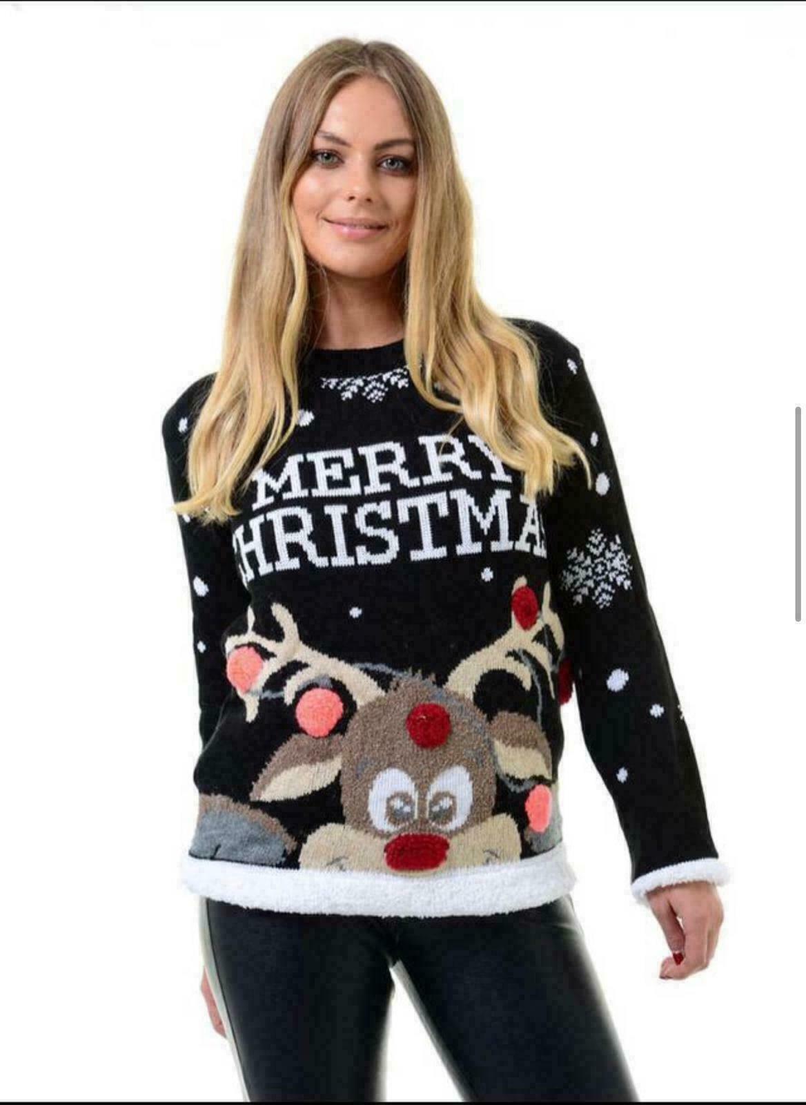 Girls Ladies Women's Xmas Christmas Novelty Jumper Sweater Rudolph Top Size 8-26 - Comfyfit ltd