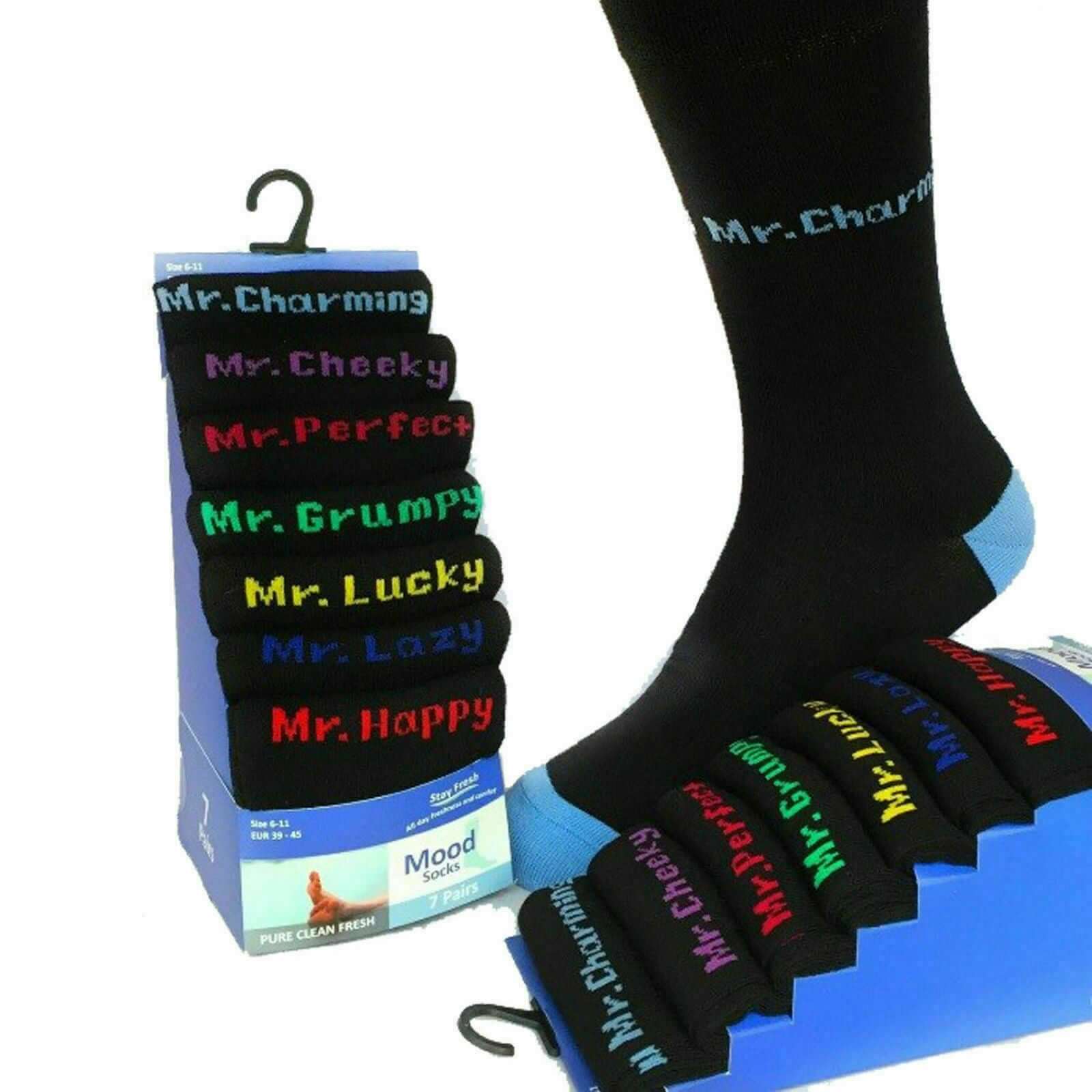 Mens Cotton Rich Suit Socks 7 Pairs Days Week, Mood, Emoji Smiley Novelty Black