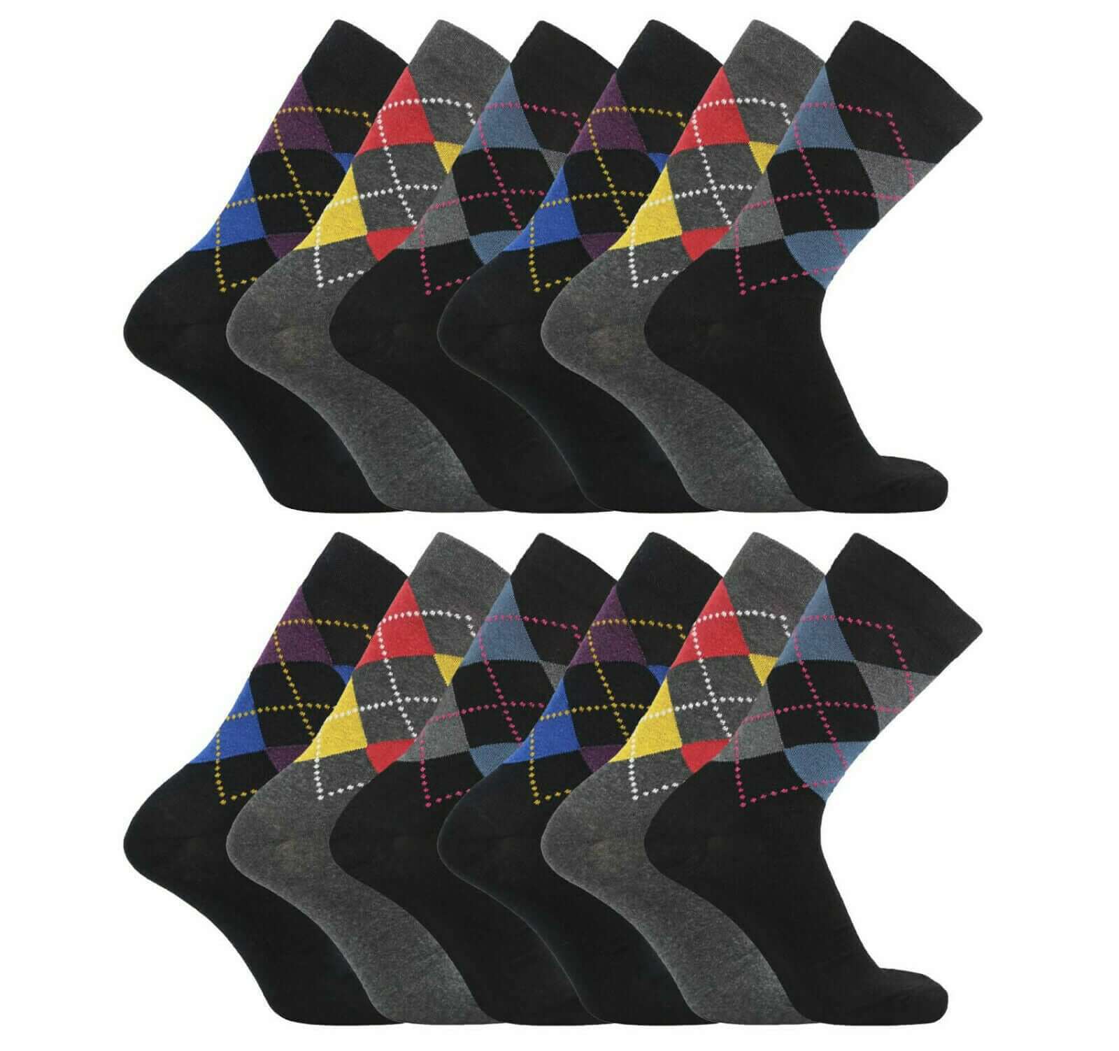 Luxury Socks 24 Pairs Mens Bright Argyle Diamond Cotton Rich Lycra Design Socks UK Size 6-11 - Comfyfit ltd