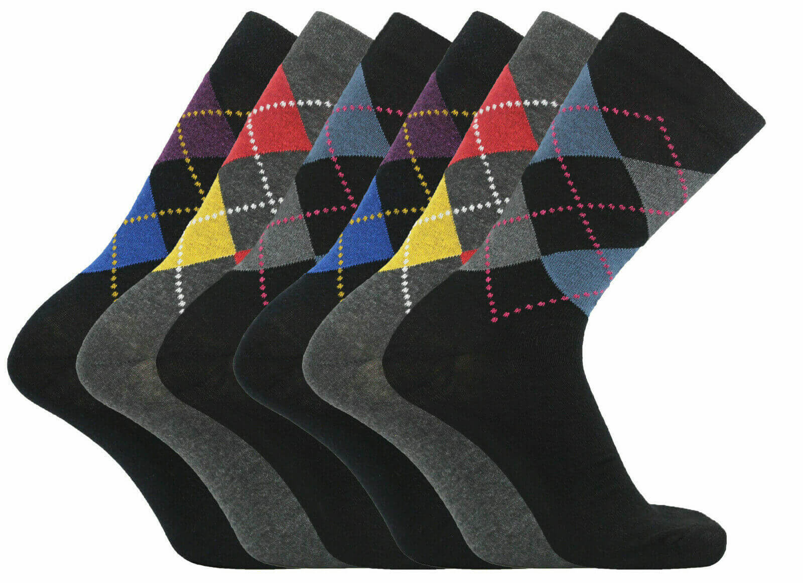 Luxury Socks 24 Pairs Mens Bright Argyle Diamond Cotton Rich Lycra Design Socks UK Size 6-11 - Comfyfit ltd