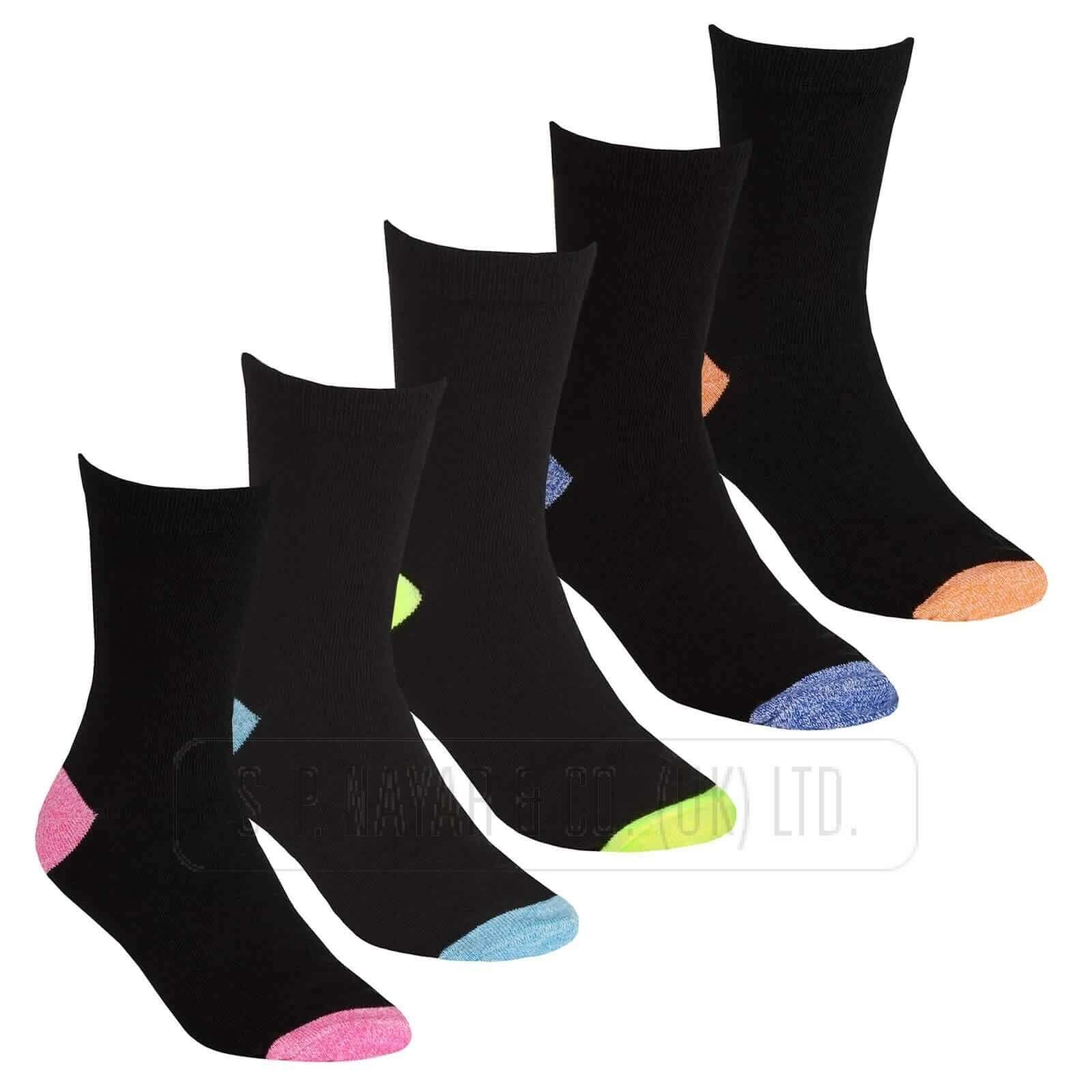 10 Pairs Girls  Black Cotton Ankle Socks Contrast Heel And Coloured Toe Socks