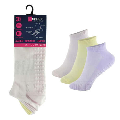 Ladies Gripper Trainer Liner Soft Socks Breathable Low Cut Ankle Socks Size 4-8