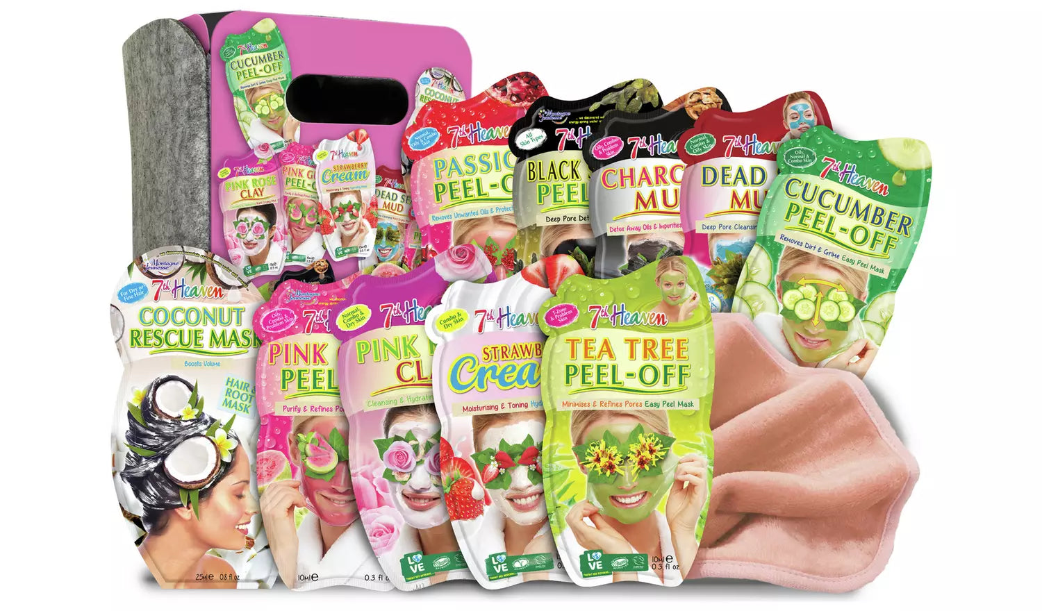 9 x Face Masks Skincare - 7th Heaven Pamper Hamper Skincare Set - 1 x Hair Masks for Dry Damaged Hair and 1 x Body Puff - Gift Set of Peel Off Face Masks & Clay Face Mask Sachets