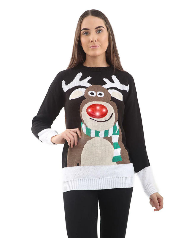 Christmas unisex jumper with LED light-up Rudolph design and crew neck.