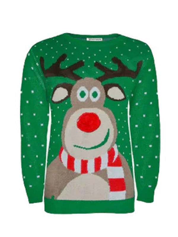 Unisex Christmas jumper featuring a light-up Rudolph design with a green knit and festive detailing.