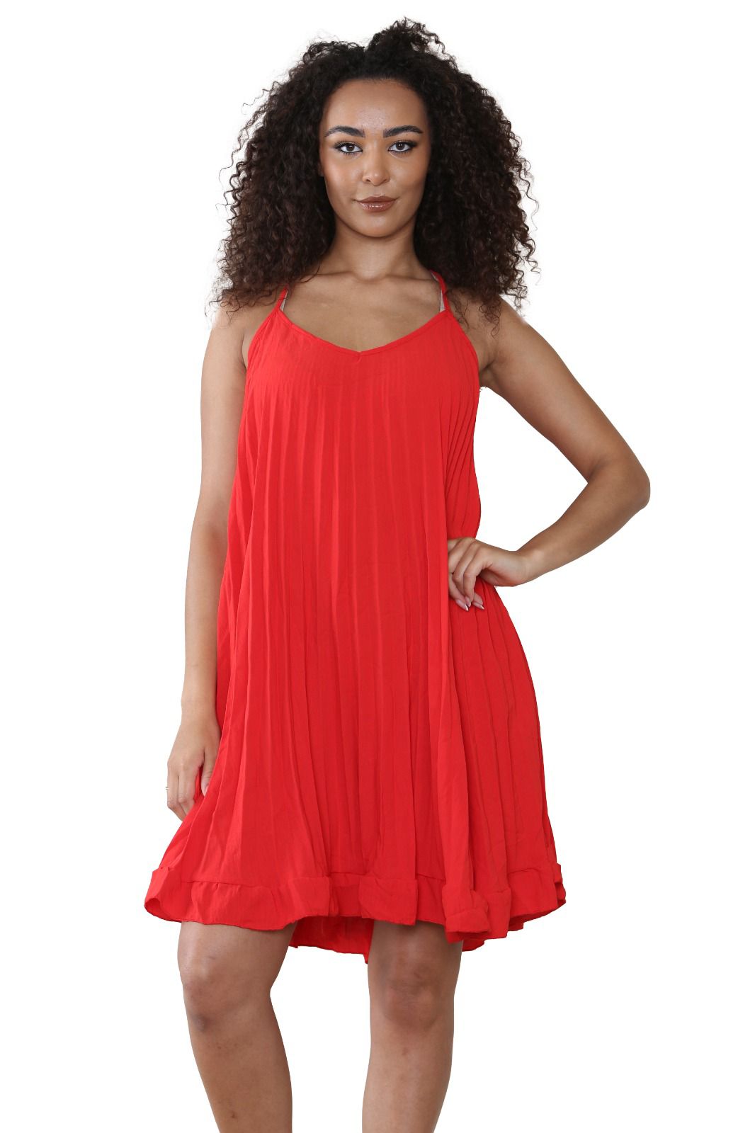 Women summer Dress Italian Pleated V Neck Cami Swing