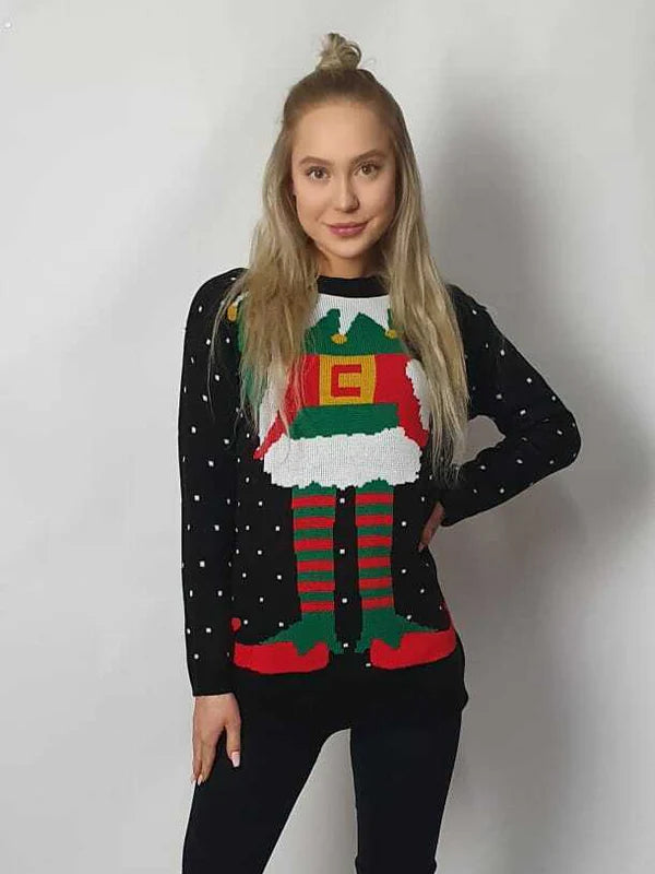 Ladies Pudding Christmas Jumper with festive design, long sleeves, crew neck, knitted material.