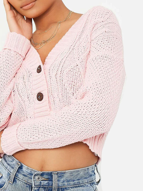 Women's long sleeve crop top sweater, round neck, pink, ideal for winter parties.
