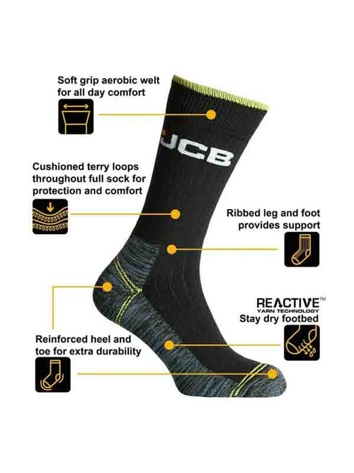Pairs Men's JCB Work Socks Black Thick High Vis Boot Socks Size 