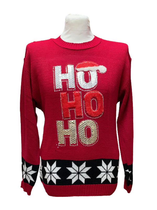 Unisex Christmas Jumper with "HO HO HO" text and snowflake design, red knitted cardigan, size 8-14.