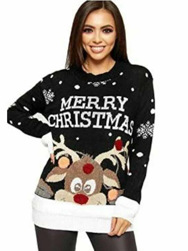 Women's Christmas jumper with pom pom reindeer design and Merry Christmas text.