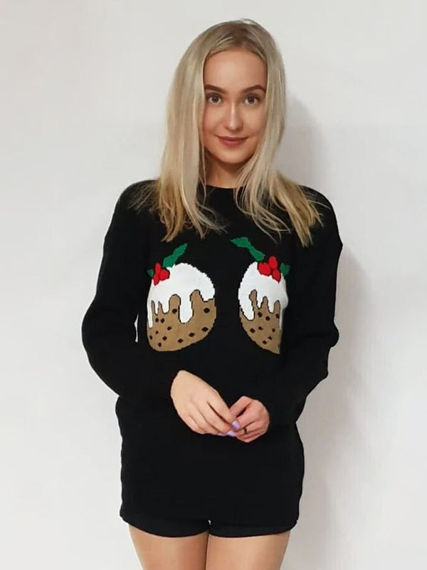 Women's Rude Christmas Jumpers Valium & Wine Sweater with pudding design.