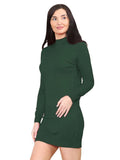 Women's knitted turtleneck bodycon dress in bottle green.