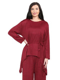 Womens 2 PC knitted Waterfall Hanky Suit Set in wine color.