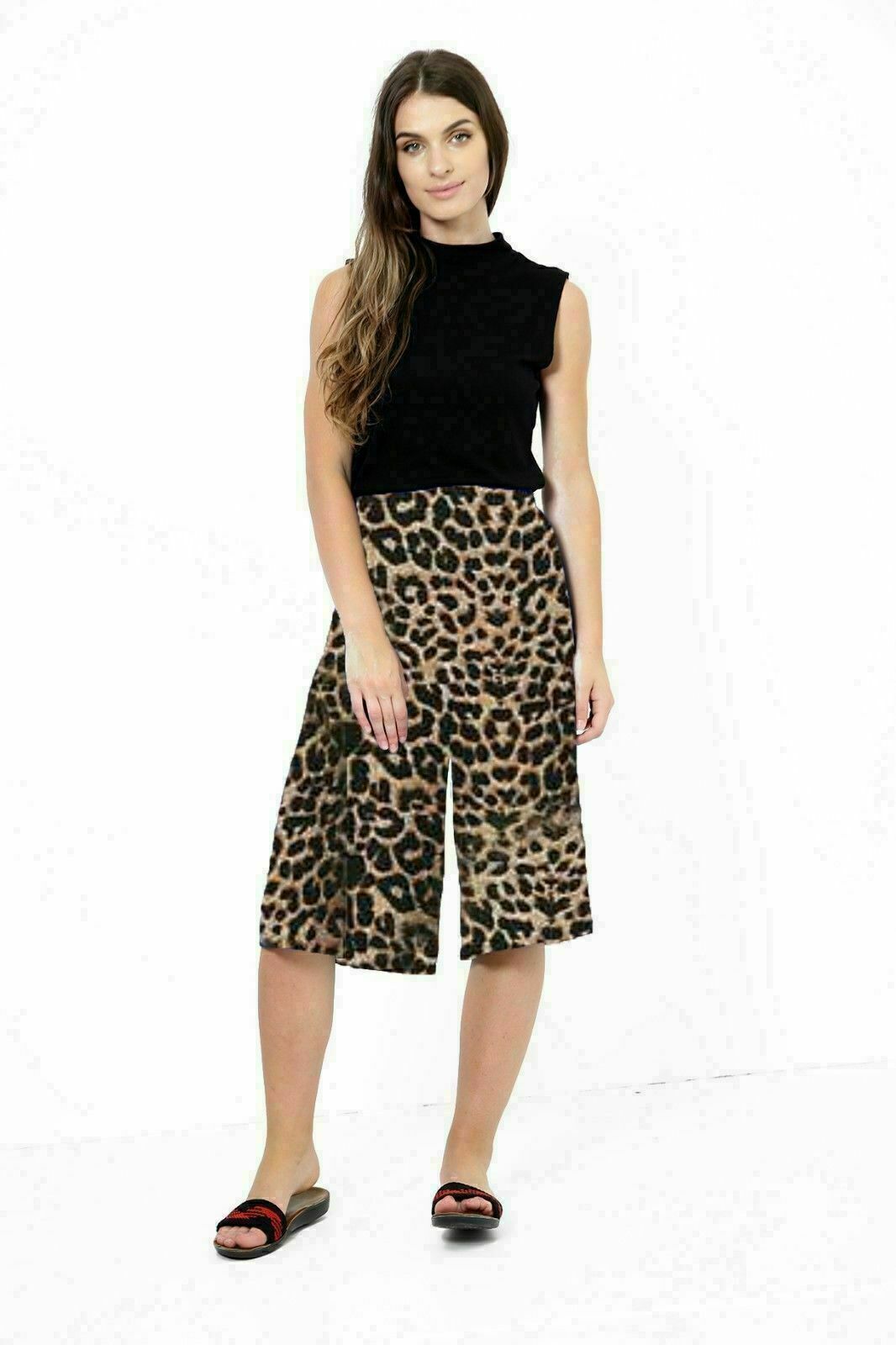 Ladies Womens Elasticated Stretch Print Wide Leg Culottes Shorts