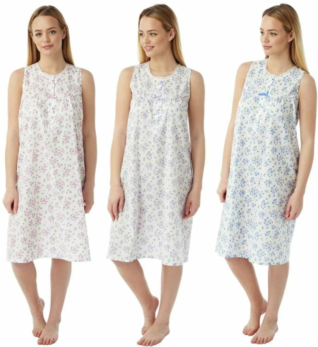 Ladies Sleeveless Woven Lightweight Polycotton Floral Nightie Nightshirt