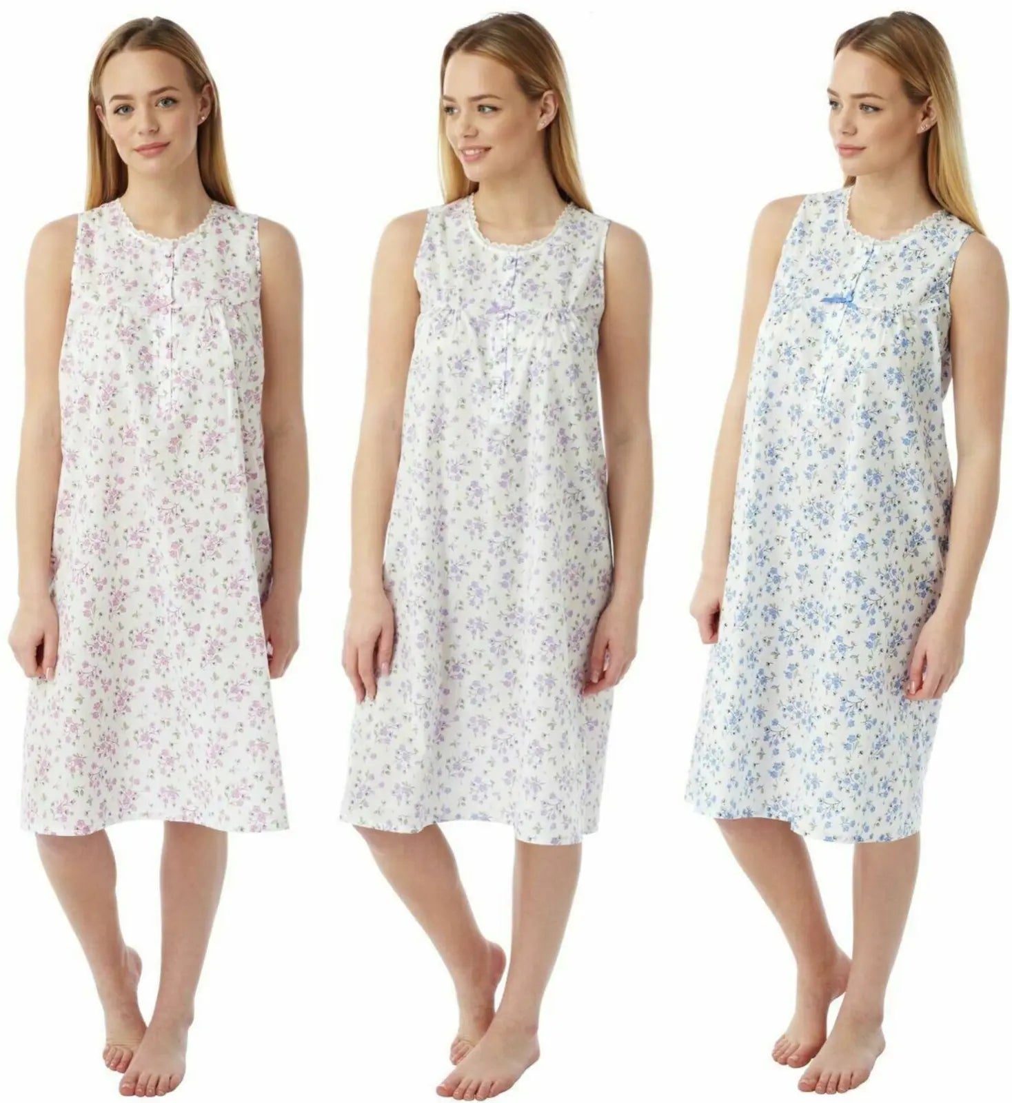 Ladies Sleeveless Woven Lightweight Polycotton Floral Nightie Nightshirt