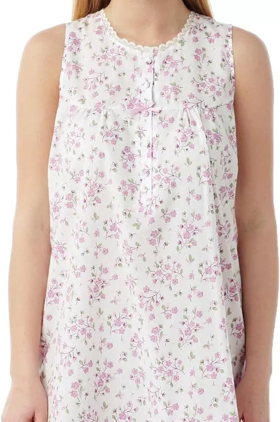 Ladies Sleeveless Woven Lightweight Polycotton Floral Nightie Nightshirt