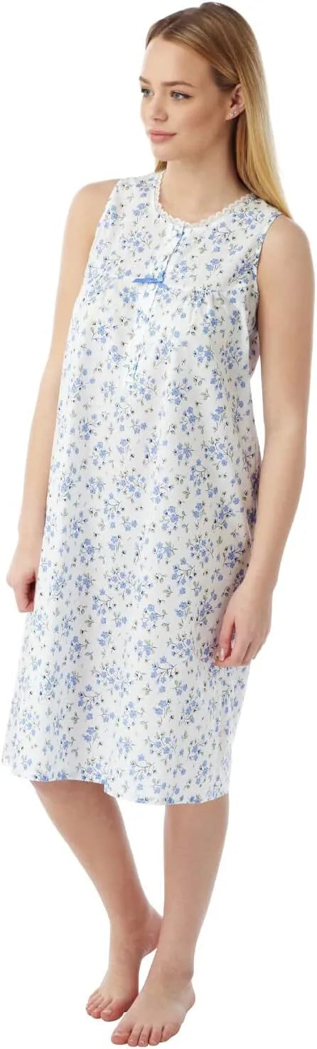 Ladies Sleeveless Woven Lightweight Polycotton Floral Nightie Nightshirt