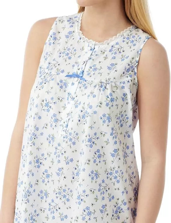 Ladies Sleeveless Woven Lightweight Polycotton Floral Nightie Nightshirt