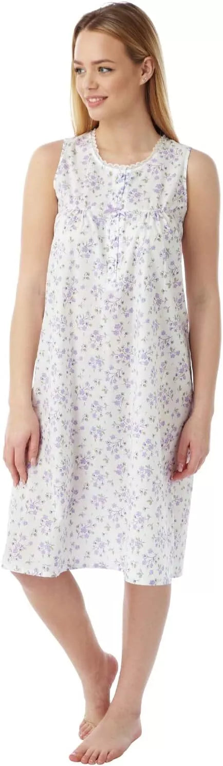 Ladies Sleeveless Woven Lightweight Polycotton Floral Nightie Nightshirt