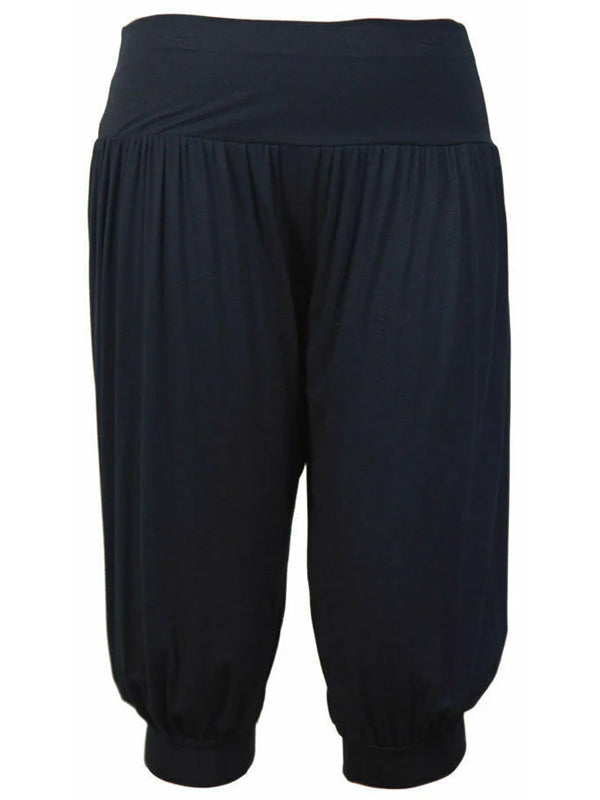 Wide leg pants women, Ali Baba style, black, 3/4 length, baggy and stretchy.