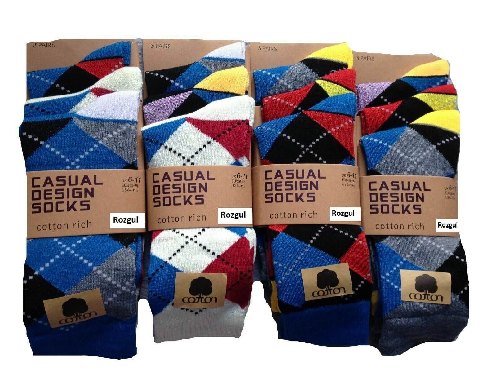 New  12 Pairs Men's Diamond Cotton Rich Lycra Design Socks Casual Bright Design - Comfyfit ltd