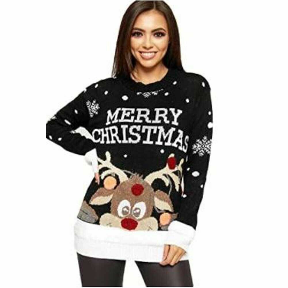 Women's Christmas Jumpers Knitted Multi Colour Pom Pom Novelty Reindeer Jumper