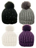 HATS FOR WOMEN RIBBED HAT WITH SEQUIN AND SOLID FAUX FUR BOBBLE WINTER HATS - Comfyfit ltd