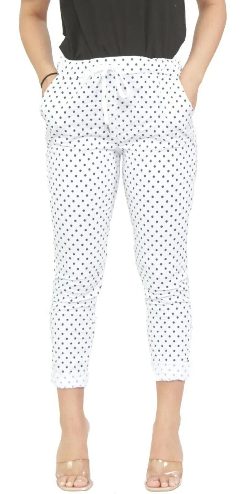 Women's Italian Causal Stretch Magic Polka & Zebra Print Trouser SummeDESCRIPTION :
New Fashion.Made in Italy.Brand New Condition with tags.Excellent Premium Quality.Plain Summer Colors.2 side pocket 2 back pocket.Elastic waist drawstr