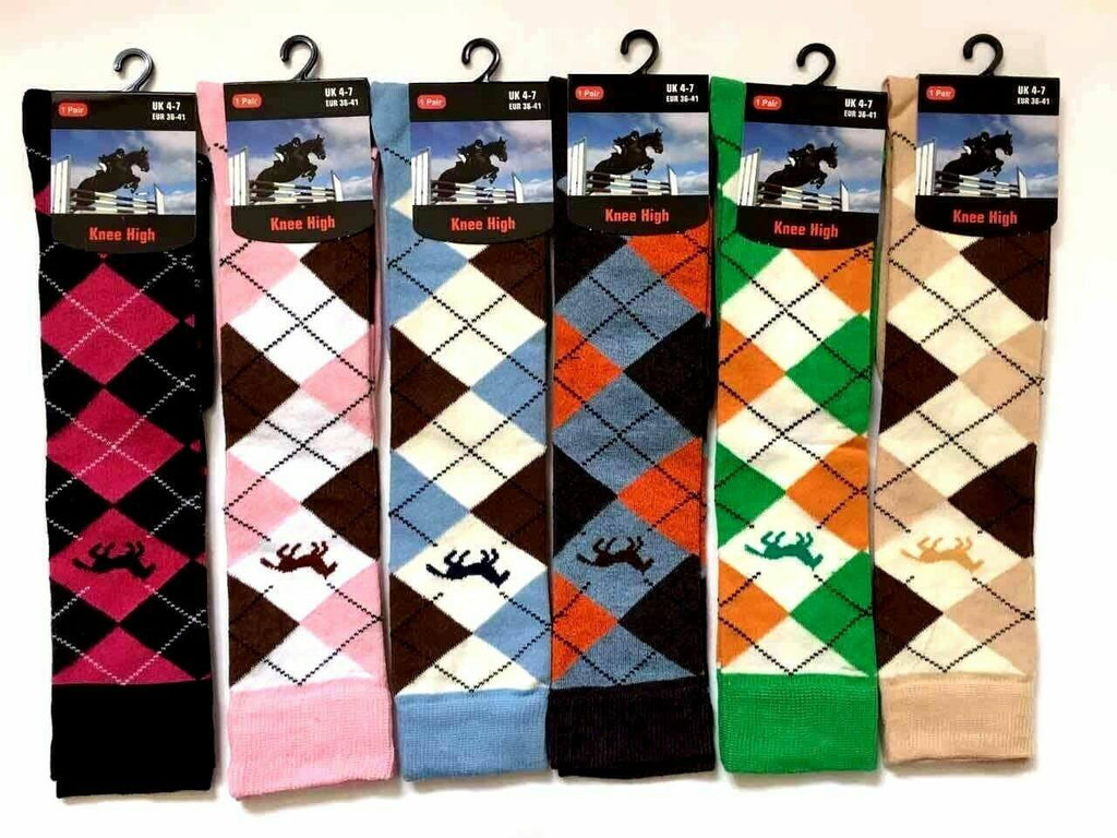 Argyle Dress Socks Women's Long Argyle Knee High Warm Ladies Socks Equestrian Horse Riding UK lot - Comfyfit ltd