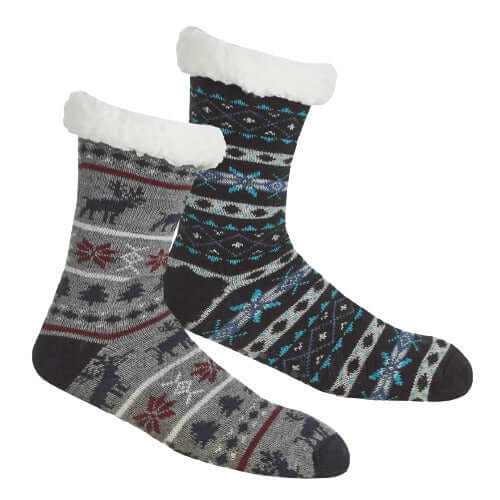 Mens Slipper Socks 2 Pairs  Fair isle Chunky Knitted Sherpa Lined Lounge UK 6-11 - Comfyfit ltd