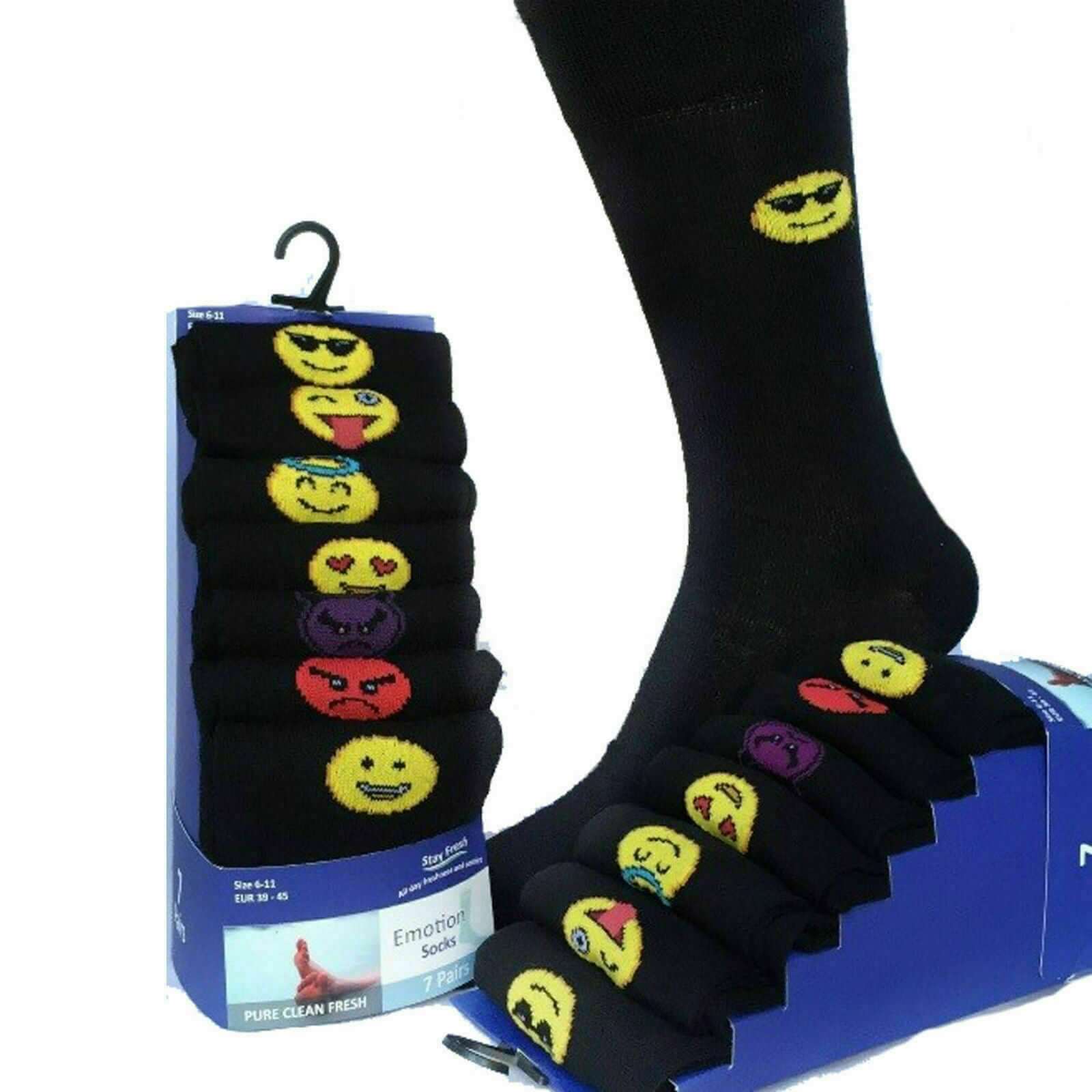 Mens Cotton Rich Suit Socks 7 Pairs Days Week, Mood, Emoji Smiley Novelty Black