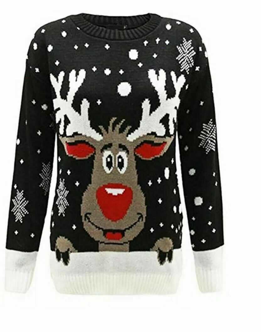 Festive Jumpers Unisex XMAS "Star Rudolph on the wall Novelty"Black Prints Jumper Sweater